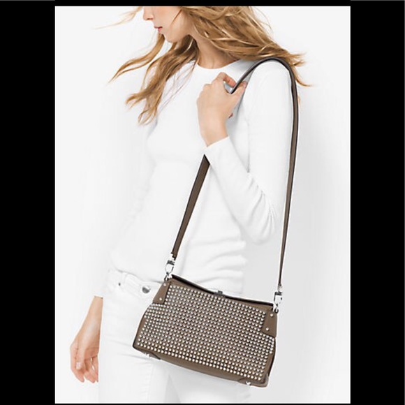 Luxury Michel Kors Taupe Miranda Studded French Calf Leather bag Like New - Picture 4 of 12